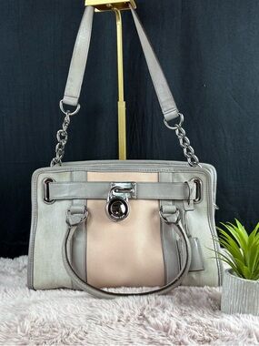 Michael Kors Hamilton Frame Out Satchel - Leather & Canvas - Gray & Ballet Pink